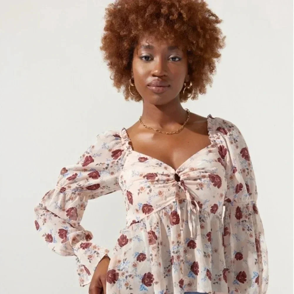 Francesca's Miami Collection Cream Floral Blouse Small